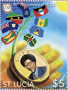 Stamp, East Caribbean Currency Board, 40 Years, Saint Lucia,  , Finance, Flags, Joint Issues