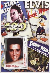 Souvenir Sheet, Elvis Presley and Disney, Afghanistan,  , Actors, Disney, Elvis Presley, Famous People, Musicians, Singers