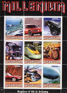 Mini Sheet, Millenium - Engines of the 20th Century, Afghanistan,  , Aircraft, Cars, Helicopters, Locomotives, Millennium, Motorcycles, Zeppelins