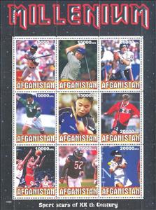 Mini Sheet, Millenium - Sports Stars of 20th Century, Afghanistan,  , American Football, Famous People, Football (Soccer), Millennium, Sports, Table Tennis, Tennis
