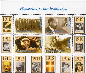 Mini Sheet, Countdown to the Millennium 1910-1919, Angola,  , Anniversaries and Jubilees, Famous People, Millennium