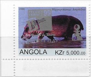 Stamp, Flora and Fauna (Hippopotamus amphibus) Overprint, Angola,  , Animals (Fauna), Hippopotamuses, Mammals