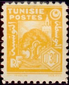 Stamp, Olives and Mosque, Tunisia,  , Trees, Mosque, Olives