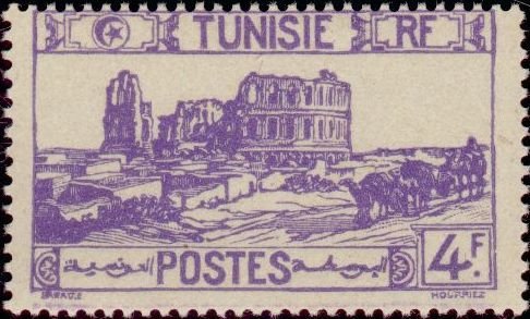 Stamp, Types of 1926-28, Tunisia,  , Mammals, Camels, Ruins, Roman Empire, Animals (Fauna), UNESCO World Heritage Sites