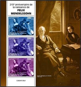 Mini Sheet, 215th Anniversary of the Birth of Felix Mendelssohn, Djibouti,  , Anniversaries and Jubilees, Composers