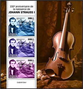 Mini Sheet, 220th Anniversary of the Birth of Johann Strauss I, Djibouti,  , Anniversaries and Jubilees, Composers