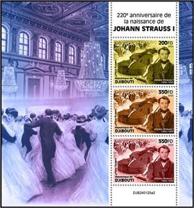 Mini Sheet, Johann Strauss I (1804–1849), Djibouti,  , Anniversaries and Jubilees, Composers