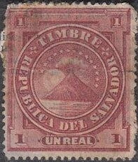 Stamp, Coat of arms within circle, El Salvador,  , Coats of Arms, Stars, Volcanos