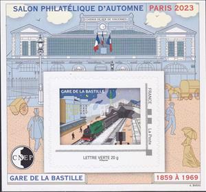 Souvenir Sheet, Salon Philatelic Autumn. Bastille Station 1859 1969, France,  , Art, Philatelic Exhibitions, Railways, Stations