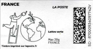 Stamp, Dark Green Man on a Ladder Watering the Earth. Redesign, France,  , Environment Protection, Globes, Planets