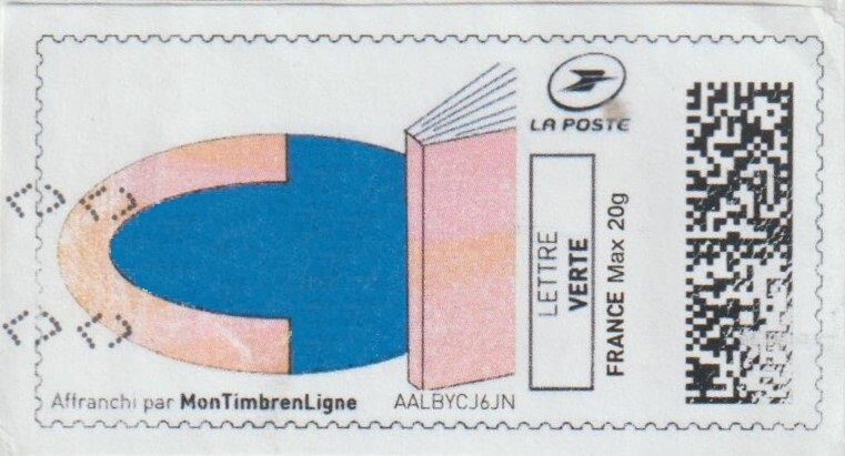Pink C on blue oval and pink book, maybe publishers' logo