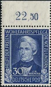 Stamp with Collectible Margin, Johann Hinrich Wichern (1808-1881), Germany, Federal Republic,  , Famous People, Lutheran, Men, Religion, Stylized Plants, Theologians