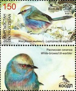 Stamp with Attached Label, White-browed Tit-warbler (Leptopoecile sophiae), Kyrgyzstan- Kyrgyz Express Post,  , Animals (Fauna), Birds, Seals (Emblems)