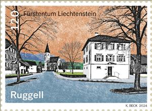 Stamp, View of Ruggell, Liechtenstein,  , Townscapes / City Views