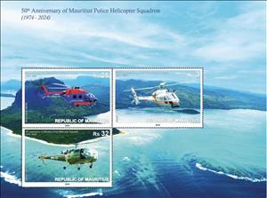 Souvenir Sheet, Mauritius Police Helicopter Squadron, 50 Years, Mauritius,  , Helicopters, Police