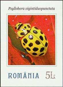 Stamp, Psyllobora vigintiduopunctata, Romania,  , Animals (Fauna), Beetles, Insects