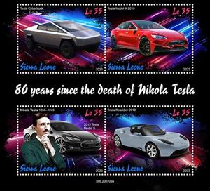 Mini Sheet, 80th Anniversary of the Death of Nikola Tesla, Sierra Leone,  , Anniversaries and Jubilees, Изобретатели