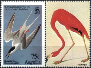 Stamp with Attached Label, Roseate Tern (Sterna dougallii), Anguilla,  , Animals (Fauna), Anniversaries and Jubilees, Art, Birds, Famous People, Flamingos, Gulls, Men