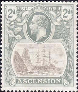 Stamp, Sailing ship, Ascension Island,  , Crowns and Coronets, Famous People, Heads of State, Kings, Men, Royalty, Sailing Ships, Ships