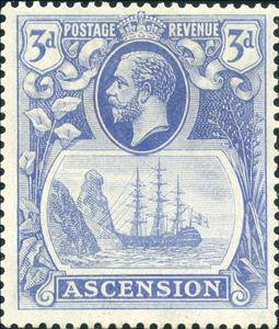 Stamp, Sailing ship, Ascension Island,  , Crowns and Coronets, Famous People, Heads of State, Kings, Men, Royalty, Sailing Ships, Ships