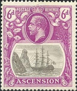 Stamp, Sailing ship, Ascension Island,  , Crowns and Coronets, Famous People, Heads of State, Kings, Men, Royalty, Sailing Ships, Ships
