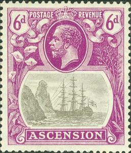 Stamp, Sailing ship, Ascension Island,  , Crowns and Coronets, Famous People, Heads of State, Kings, Men, Royalty, Sailing Ships, Ships