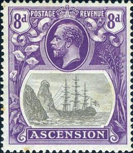 Stamp, Sailing ship, Ascension Island,  , Crowns and Coronets, Famous People, Heads of State, Kings, Men, Royalty, Sailing Ships, Ships