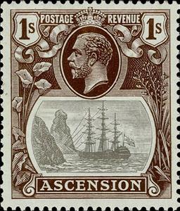 Stamp, Sailing ship, Ascension Island,  , Crowns and Coronets, Famous People, Heads of State, Kings, Men, Royalty, Sailing Ships, Ships