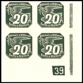 Stamp with Collectible Margin, Stylized dove, Bohemia and Moravia,  , Animals (Fauna), Birds, Peace Doves, Pigeons, Stylized Animals