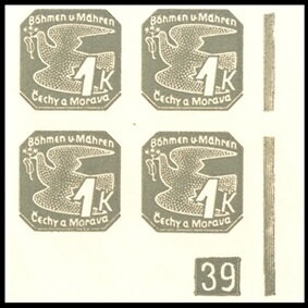 Stamp with Collectible Margin, Stylized dove, Bohemia and Moravia,  , Animals (Fauna), Birds, Peace Doves, Pigeons, Stylized Animals