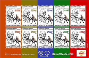 Mini Sheet, 155th Birth Anniversary of Mahatma Gandhi, Burundi,  , Famous People, Freedom Fighters, Human Rights, Humanists, Independency Activists, Lawyers - Advocates, Nobel Laureates