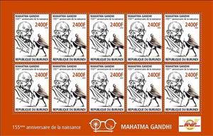 Full Pane, 155th Birth Anniversary of Mahatma Gandhi, Burundi,  , Famous People, Freedom Fighters, Human Rights, Humanists, Independency Activists, Lawyers - Advocates, Nobel Laureates