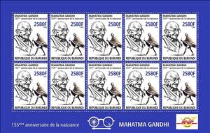 Full Pane, 155th Birth Anniversary of Mahatma Gandhi, Burundi,  , Famous People, Freedom Fighters, Human Rights, Humanists, Independency Activists, Lawyers - Advocates, Nobel Laureates
