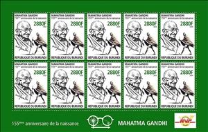 Full Pane, 155th Birth Anniversary of Mahatma Gandhi, Burundi,  , Famous People, Freedom Fighters, Human Rights, Humanists, Independency Activists, Lawyers - Advocates, Nobel Laureates
