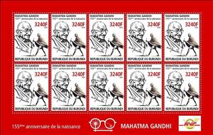 Full Pane, 155th Birth Anniversary of Mahatma Gandhi, Burundi,  , Famous People, Freedom Fighters, Human Rights, Humanists, Independency Activists, Lawyers - Advocates, Nobel Laureates