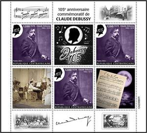Mini Sheet, 105th Anniversary of the Death of Claude Debussy (1862–1918), Central African Republic,  , Anniversaries and Jubilees, Composers