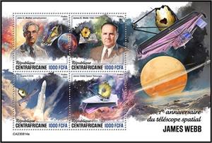 Mini Sheet, 1st Anniversary of the James Webb Space Telescope, Central African Republic,  , Anniversaries and Jubilees, Telescopes