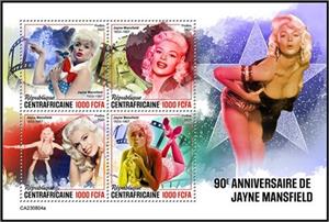 Mini Sheet, 90th Anniversary of the Birth of Jayne Mansfield, Central African Republic,  , Actors, Anniversaries and Jubilees