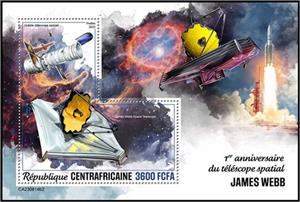 Souvenir Sheet, Hubble Space Telescope and James Webb Space Telescope, Central African Republic,  , Anniversaries and Jubilees, Telescopes