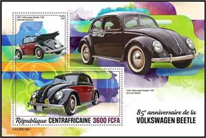 Souvenir Sheet, Volkswagen Beetle 1100 Cabriolet Karmann (1951), Central African Republic,  , Anniversaries and Jubilees, Automobile Industry