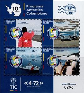 Souvenir Sheet, Antarctic Program of Colombia, 10 Years, Colombia,  , Aircraft, Logos, Penguins, Science, Ships