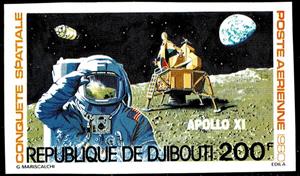 Stamp, Apollo 11 Moon Landing, Djibouti,  , Astronauts, Moon, Moon Landing, Outer Space, Space Traveling, Космический корабли