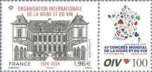 Stamp with Attached Label, International Organization of Vine and Wine Centenary, France,  , Anniversaries and Jubilees, Buildings, Organizations, Wine