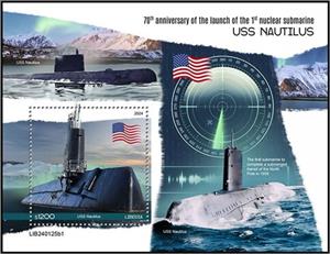 Souvenir Sheet, 1st Nuclear Submarine USS Nautilus, Liberia,  , Navies, Submarines
