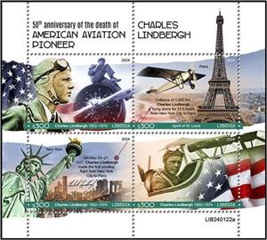 Mini Sheet, 50th Anniversary of the Death of Charles Lindbergh, Liberia,  , Anniversaries and Jubilees, Pilots