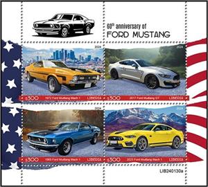 Mini Sheet, 60th Anniversary of Ford Mustang, Liberia,  , Anniversaries and Jubilees, Automobile Industry, Cars