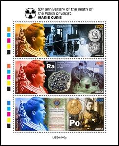 Mini Sheet, 90th Anniversary of the Death of Marie Curie, Liberia,  , Anniversaries and Jubilees, Physicists