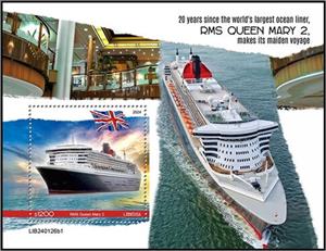 Souvenir Sheet, RMS Queen Mary 2, Liberia,  , Anniversaries and Jubilees, Passenger-ships