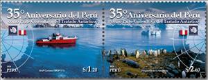 Se-tenant, Peru's Accession to Antarctic Treaty, 35 Years, Peru,  , Maps, Penguins, Ships