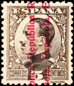 Stamp, King Alfonso XIII, overprint CARMINE, Spain,  , Famous People, Heads of State, Kings, Men, Royalty, Uniforms